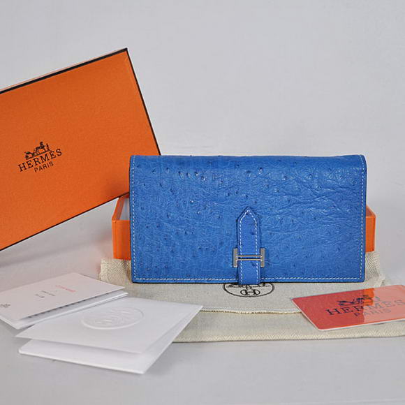 High Quality Hermes Bearn Japonaise Ostrich Leather BI-Fold Wallet H208 Blue Fake - Click Image to Close